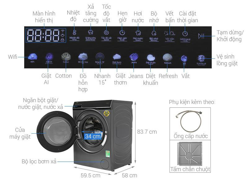 Mô tả Máy giặt Aqua AQD-DW1000J BK