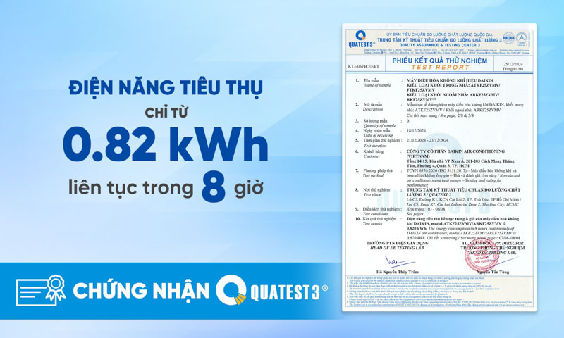 Chứng nhận máy lạnh Daikin FTKF25ZVMV tiết kiệm điện liên tục trong 8 giờ